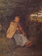 Jean Francois Millet Shepherdess sewing the sweater oil painting on canvas